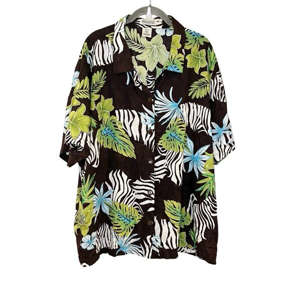 Paradiso Women's 2X Short Sleeve Hawaiian Button Blouse Shirt Beaded Rayon Brown - Picture 1 of 5